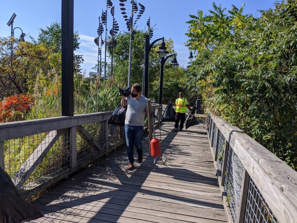 Volunteers at a recent clean up event at Island End Park in Chelsea, Mass. A storm surge flooded the marsh, the boardwalk, the park, out into the street and beyond. (Courtesy GreenRoots)
