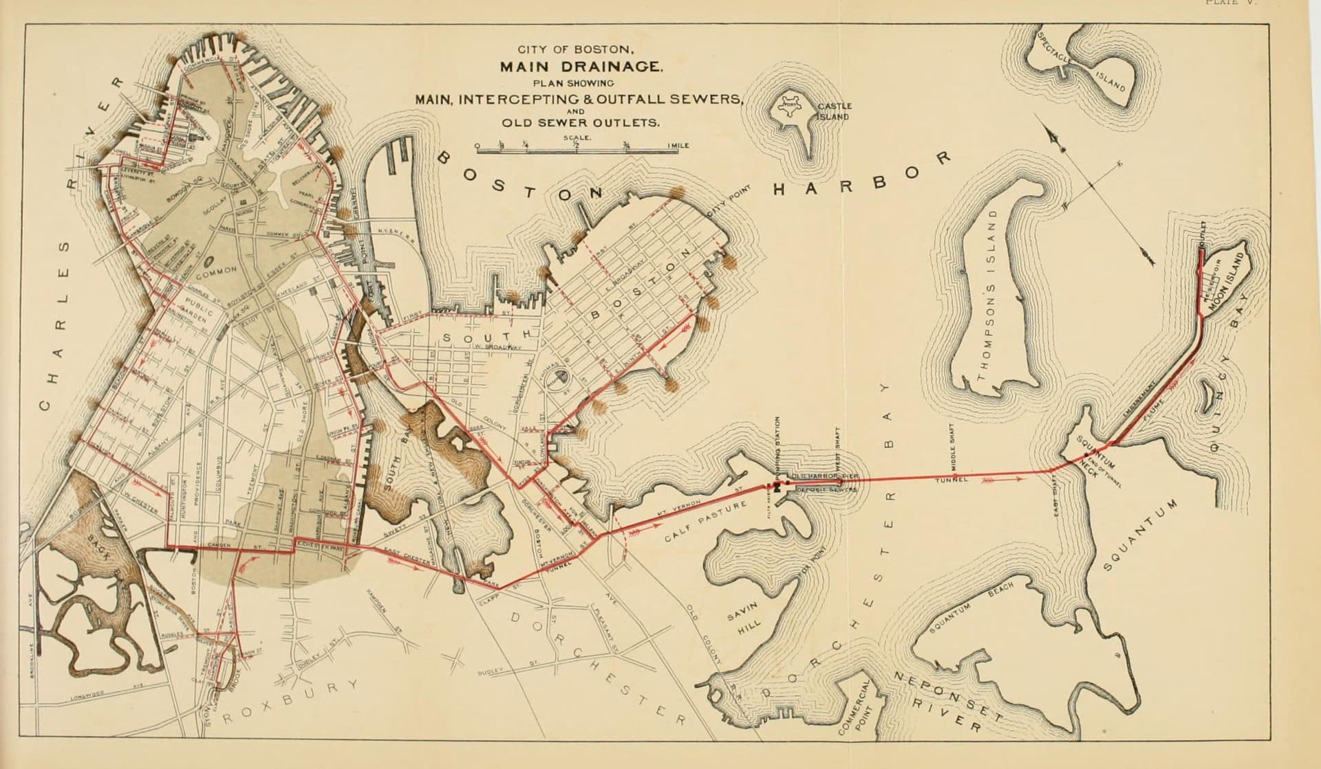This map shows Boston's Main Drainage System and some of the original intercepting sewer lines. (Courtesy Leventhal Map &amp; Education Center at the Boston Public Library)