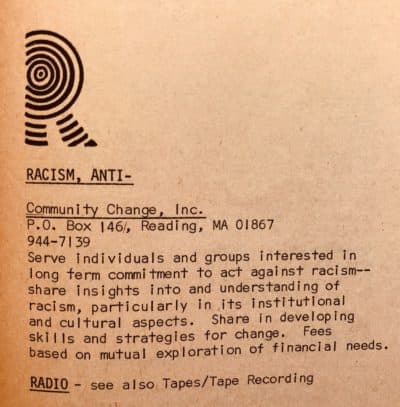 A listing for an anti-racism organization in the 1973 edition of the People's Yellow Pages. (Courtesy Brian Coleman)