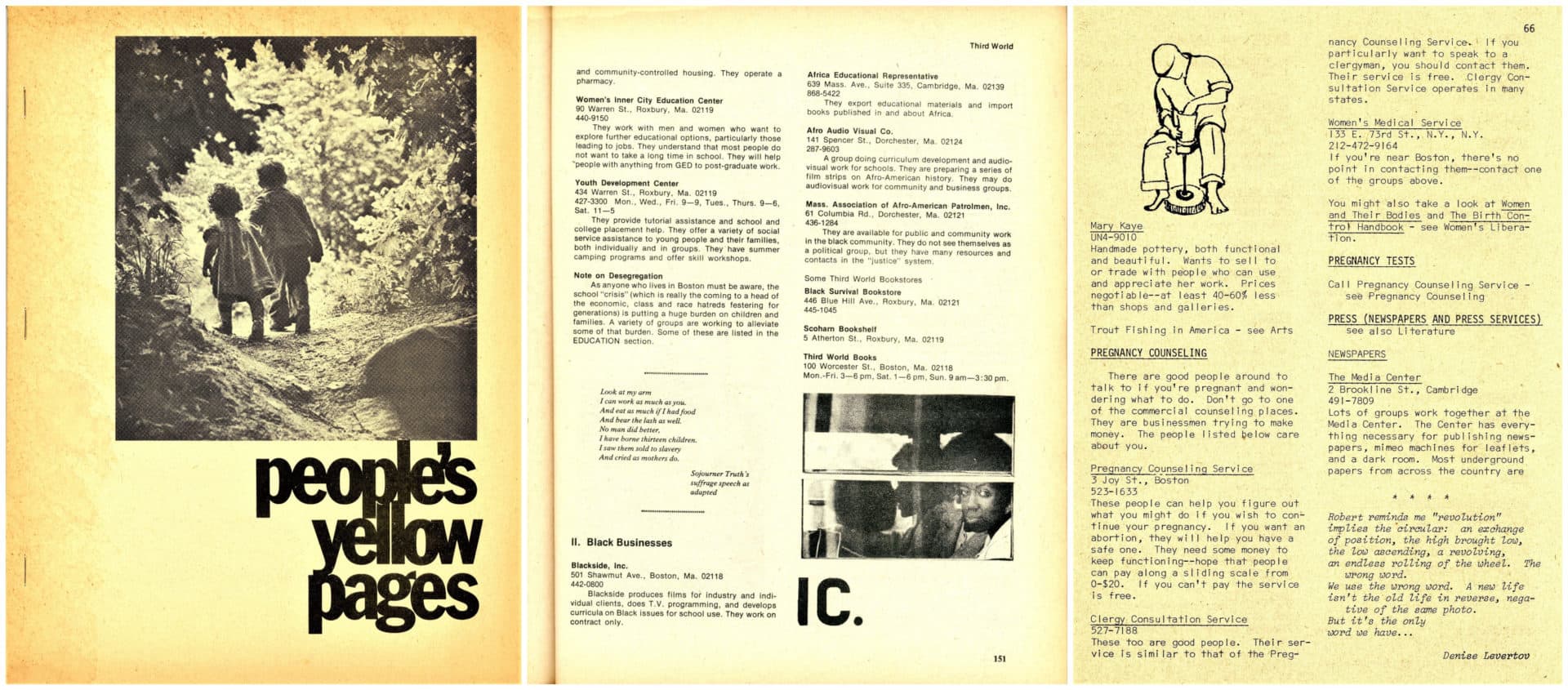 From left to right: The cover of the 1971 edition of the People's Yellow Pages; a page from the 1976 edition listing Black-owned businesses in the Boston area; a page from the 1971 edition with listings for pregnancy counseling and abortion access. (Courtesy Brian Coleman)