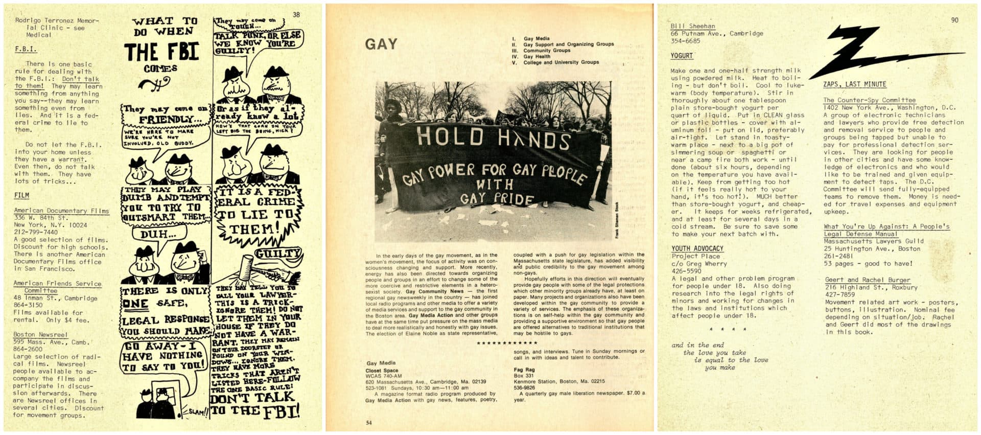 From left to right: A cartoon from the 1971 People's Yellow Pages explaining a citizen's rights when approached by the FBI; A page from the 1976 edition with gay liberation listings; A recipe for yogurt in the 1971 edition. (Courtesy Brian Coleman)