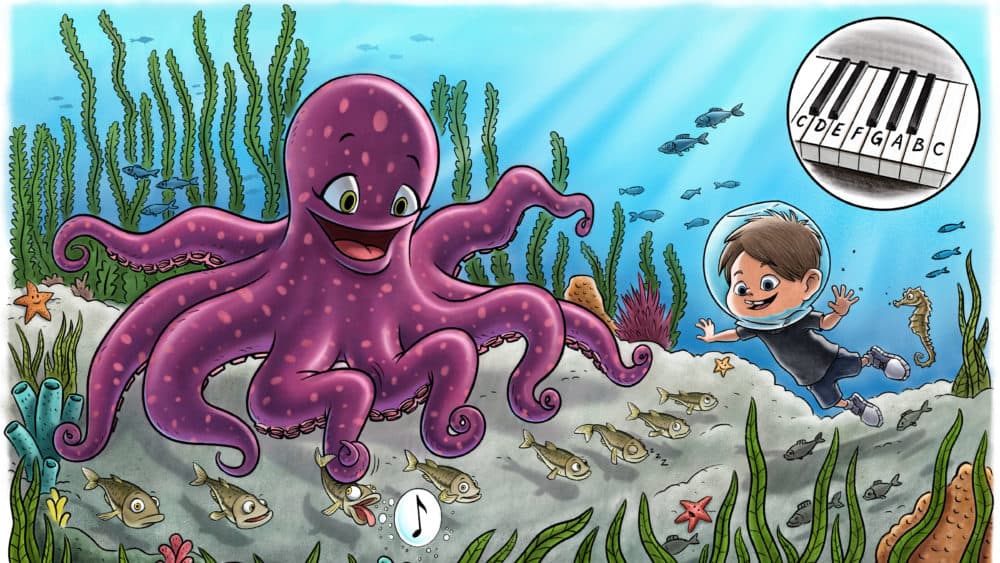 In the book, an octopus shows the boy the eight notes on a piano with his eight tentacles. (Courtesy David Weiser)