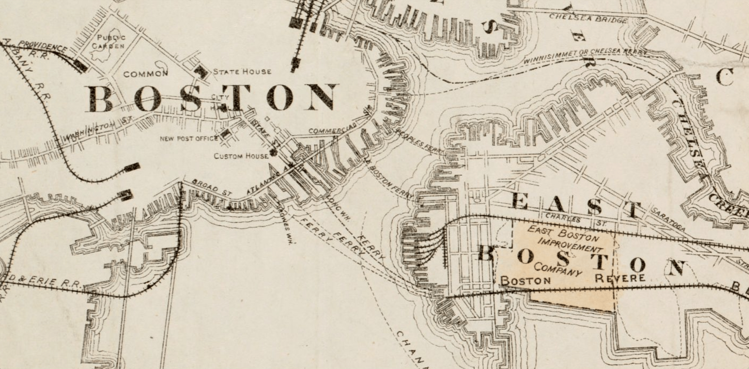 Ferry lines are indicated on the &quot;Plan of estate of the Boston Land Co. and surroundings&quot; map, drawn believed to have been drawn between 1880 and 1889. (Courtesy Boston Public Library, Norman B. Leventhal Map Center)
