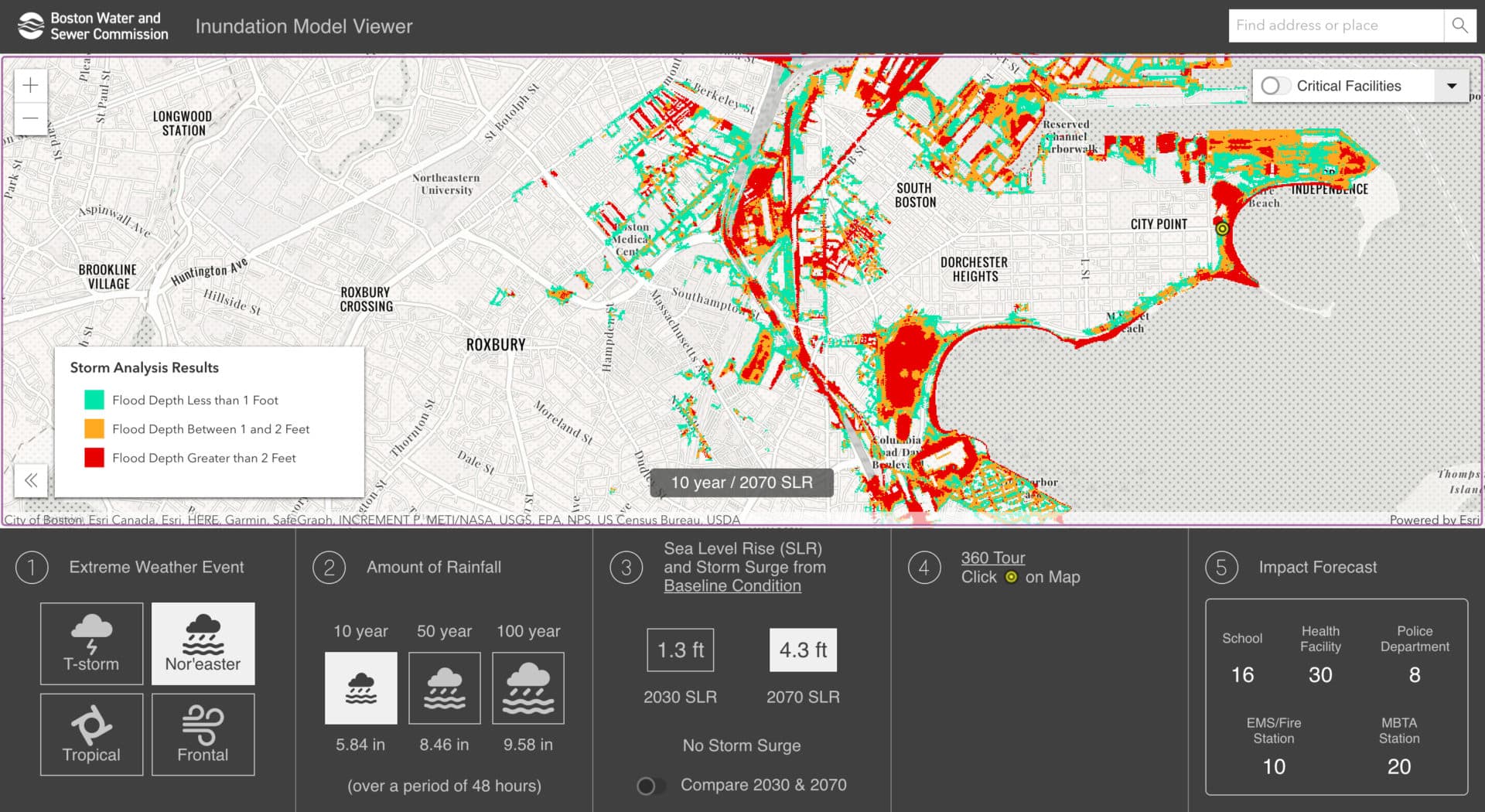 This screenshot of the city of Boston's stormwater inundation model, which projects the effect of sea-level rise on the stormwater system, and flooding in neighborhoods.