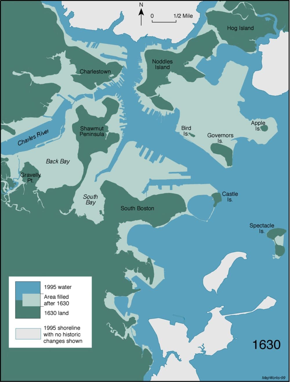 This map compares Boston's original shoreline with its modern-day outline. (Courtesy the Muriel G. and Norman B. Leventhal Family Foundation)