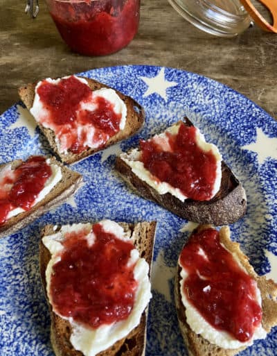 Strawberry-Ginger Jam pictured on ricotta and toast. (Kathy Gunst)
