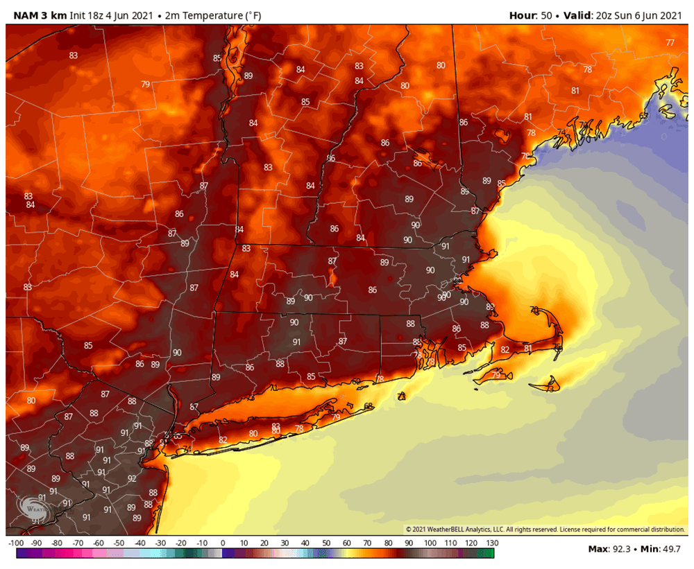 It will be much warmer on Cape Cod Sunday (Courtesy WeatherBELL)
