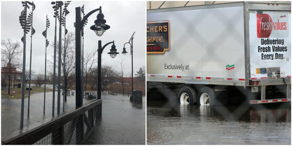 On the left, the boardwalk and Island End River Park, are flooded in January 2018 (GreenRoots); and flood waters reach the New England Produce Center during the storms of January 2018 (Matt Frank).