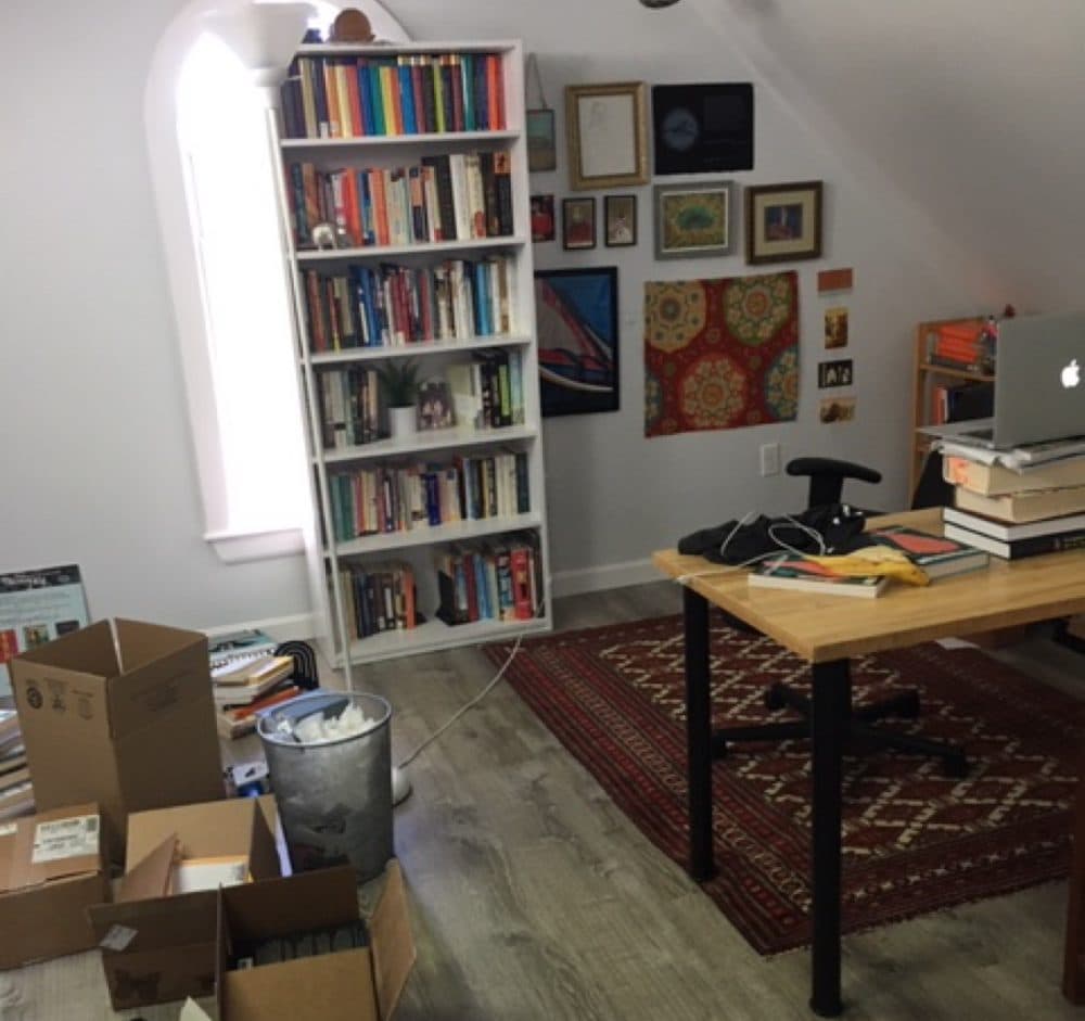 The author's faux office for Zoom book launch events, a cleared out corner of her attic. (Courtesy Heidi Pitlor)