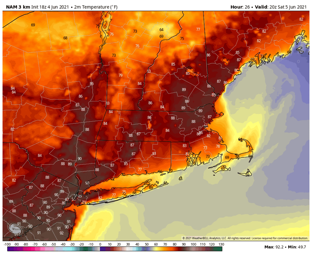 Temperatures around 4 p.m. Saturday. (Courtesy WeatherBELL)