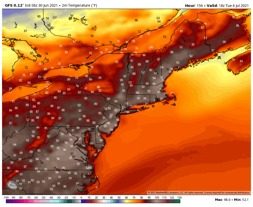 Hot weather will return next week as 90-degree temperatures come back for Tuesday. (Courtesy WeatherBELL)