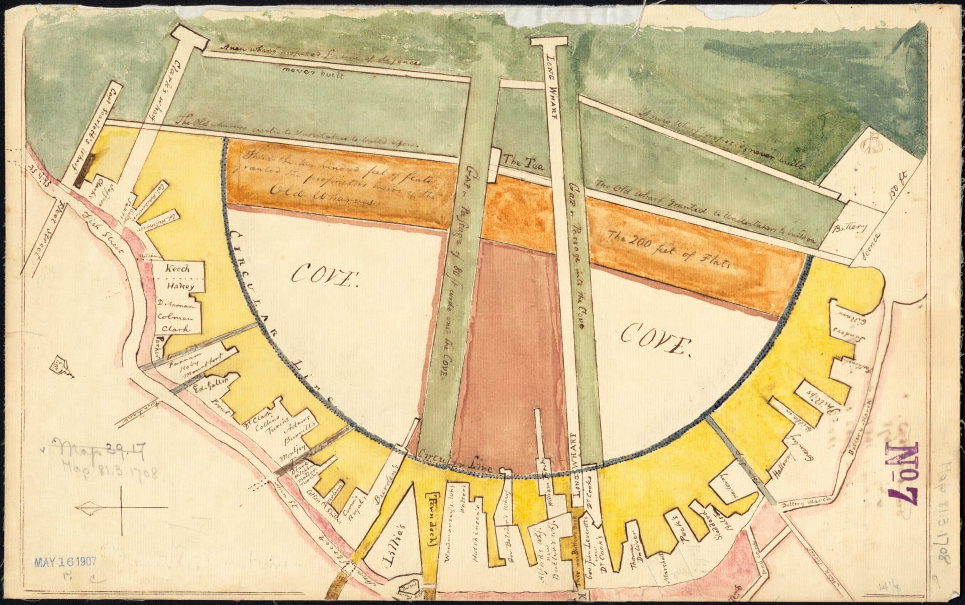 Caleb H. Snow after Jacob Sheafe, Manuscript plan showing wharves of Boston (ca. 1820, original 1708). (Courtesy Leventhal Map &amp; Education Center at the Boston Public Library)