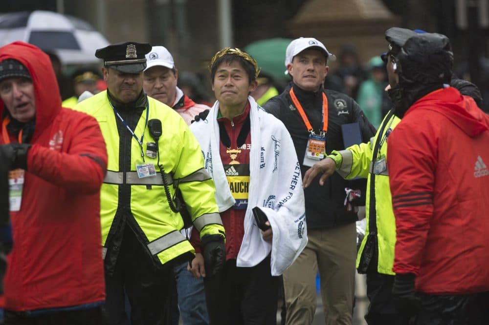 Yuki Kawauchi, the winner of the Boston Marathon's men's elite field in 2018. (Jesse Costa/WBUR)