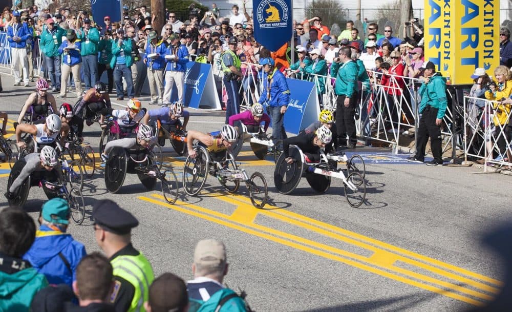 Men’s push rim wheelchair division at the start of the Boston Marathon in 2016. (Joe Difazio for WBUR)