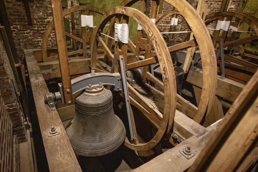 Bells in the bell tower of Boston's Old North Church hanging facing down, the resting position they are left in when they are not in use. (Robin Lubbock/WBUR)