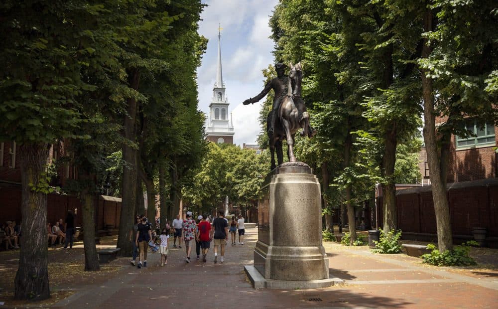 The Old North Church bell tower in Boston's North End, seen from the Paul Revere Mall. (Robin Lubbock/WBUR)