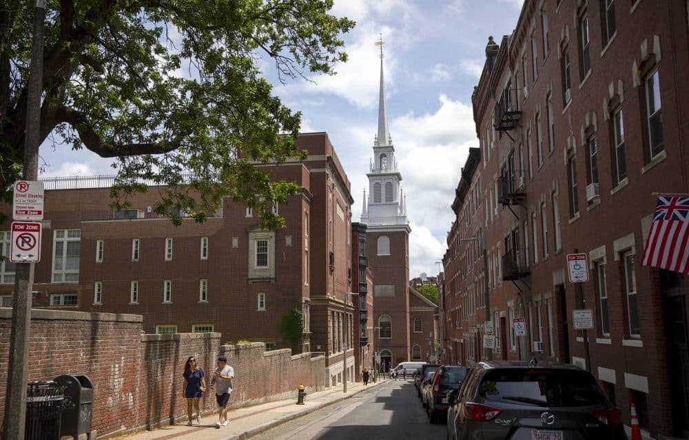 The Old North Church bell tower, on Salem Street in Boston. (Robin Lubbock/WBUR)