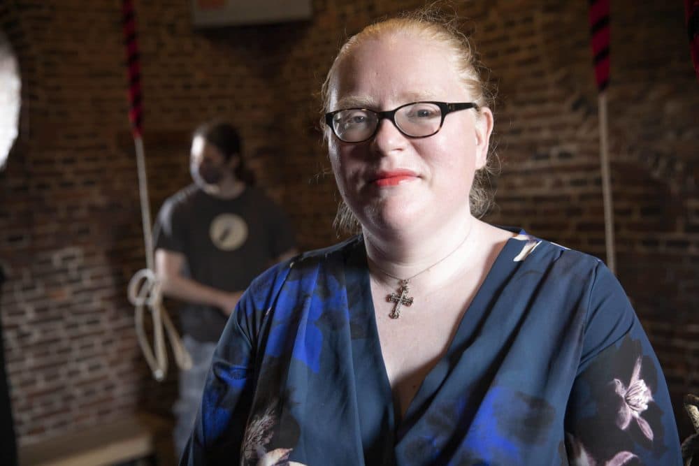 Nikki Stewart, Executive Director of the Old North Church, in the bell tower. (Robin Lubbock/WBUR)