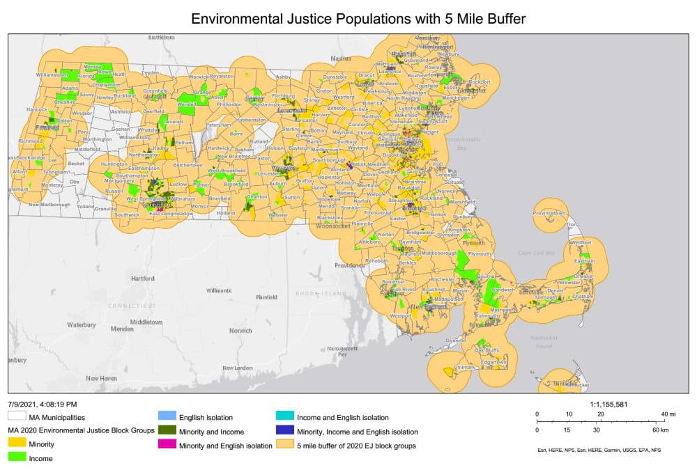 A map produced by the Department of Energy Resources shows the areas where incentivized biomass facilities would be prohibited under a proposal to shield environmental justice communities and surrounding areas from the wood-burning plants.