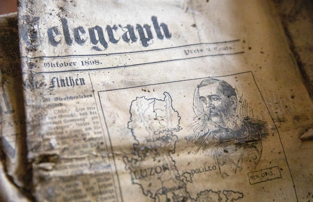One of the many papers, printed in German, found inside the 1898 copper box. (Robin Lubbock/WBUR)