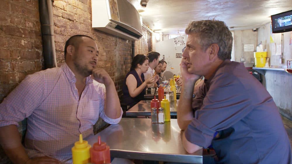 David Chang (left) and Anthony Bourdain (right) in a still from the documentary &quot;Roadrunner.&quot; (Courtesy Focus Features in association with Zero Point Zero)
