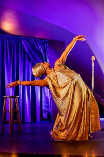 Antwayn Hopper plays Eartha Kitt in Terry Guest's “A Ghost in Satin,” part of “Outside on Main: Celebrating the Black Radical Imagination: Nine Solo Plays” at the Williamstown Theatre Festival. (Courtesy Joseph O’Malley and R. Masseo Davis)