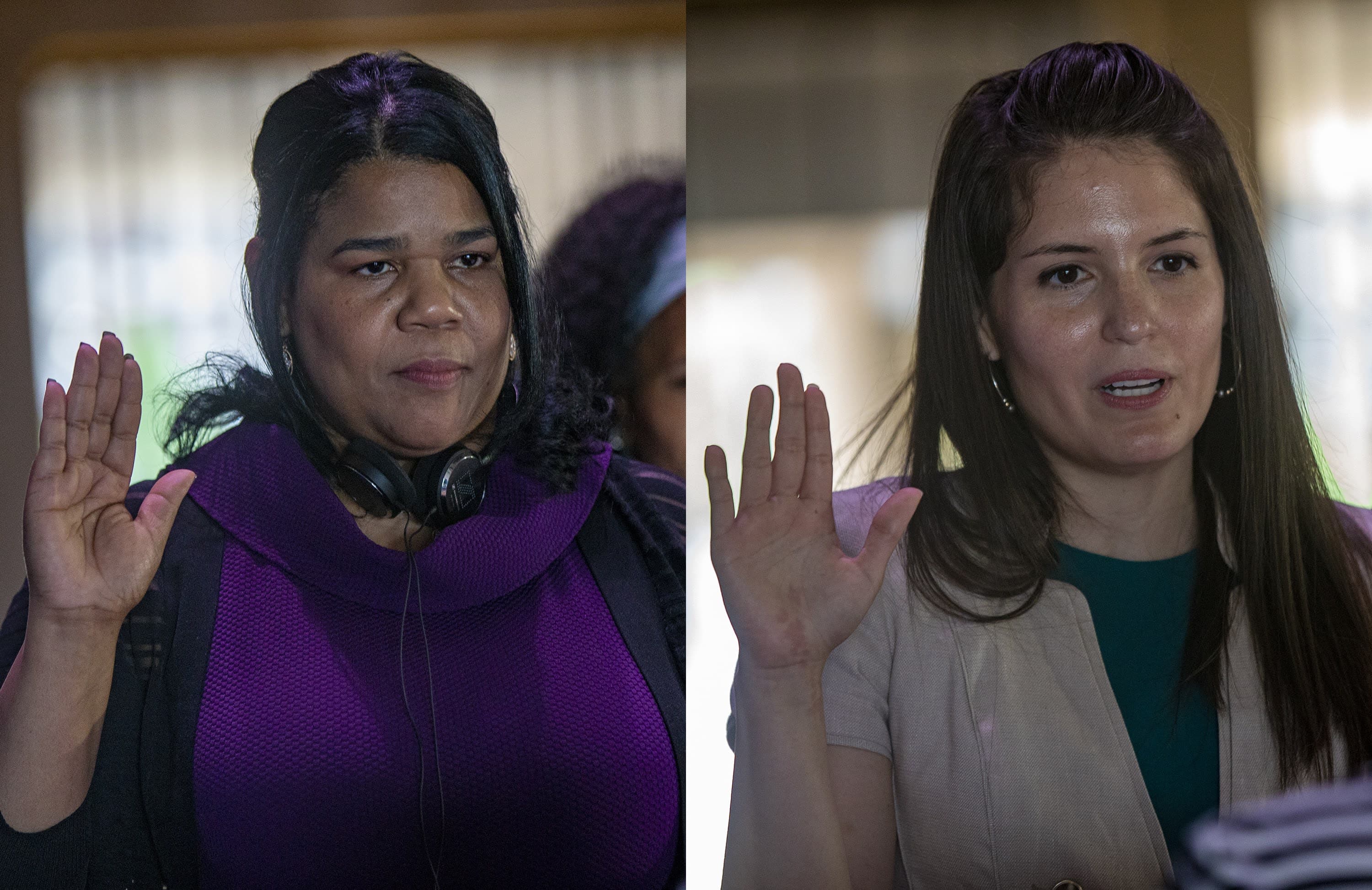 The swearing in two new members to the Boston School Committee Rafaela Polanco Garcia and Lorena Lopera at City Hall. (Jesse Costa/WBUR)