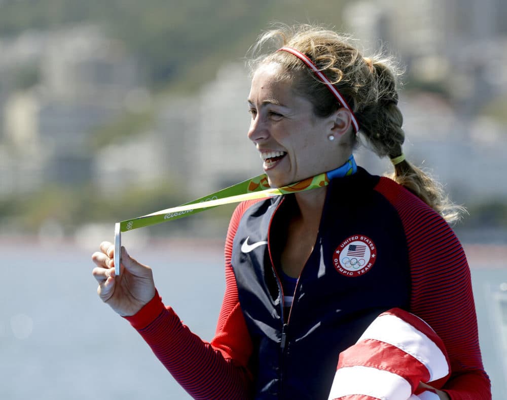 Gevvie Stone smiles after receiving her silver medal in the women's single sculls during the 2016 Summer Olympics in Rio de Janeiro, Brazil, in 2016. (Luca Bruno/AP)