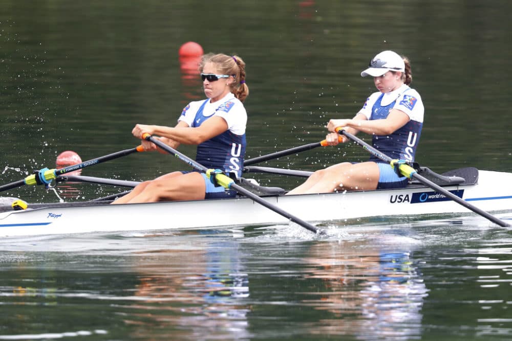 Cicely Madden, right, and Gevvie Stone compete in a Women's Double Sculls semifinal at the World Rowing Championships in Ottensheim, Austria in 2019. (Matthias Schrader/AP)