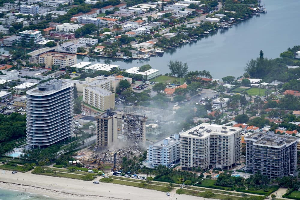 Aerial view of the rubble at the Champlain Towers South Condo on June 25, 2021, in Surfside. (Gerald Herbert/AP)