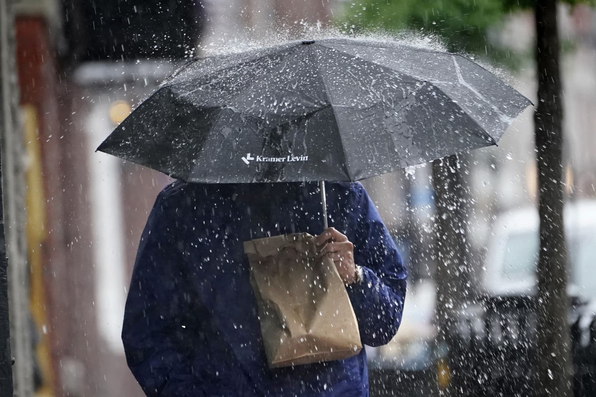 A pedestrian uses an umbrella to shield himself during a downpour from Tropical Storm Elsa, Friday, July 9, 2021, in Portland, Maine. Elsa is the earliest fifth-named storm on record, said Brian McNoldy, a hurricane researcher at the University of Miami. (Robert F. Bukaty/AP)