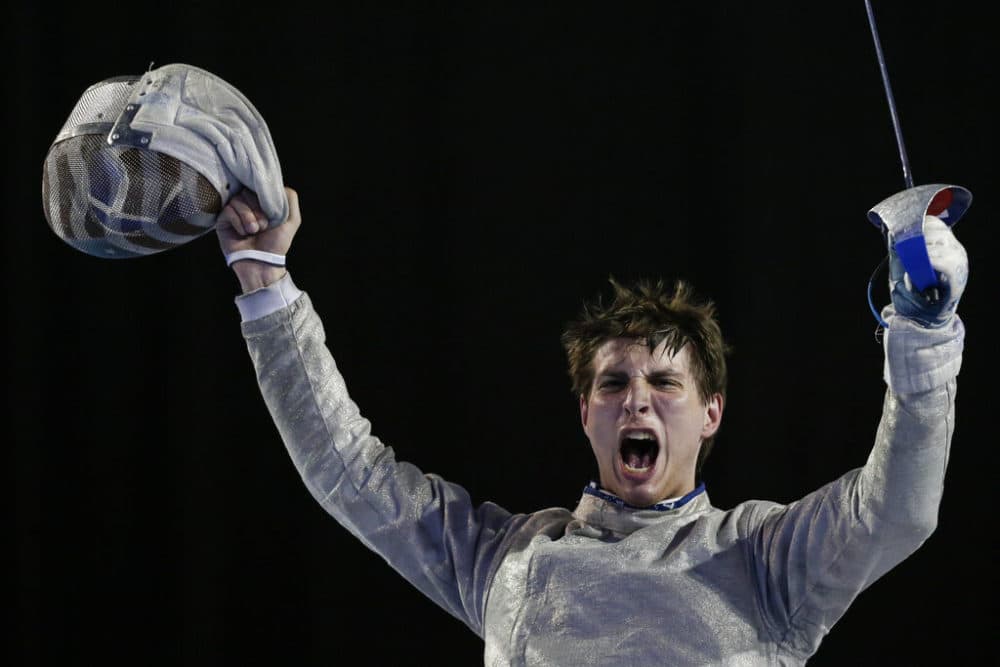 Eli Dershwitz reacts after defeating Canada's Joseph Polossifakis in the gold medal match of the men's sabre individual fencing competition at the Pan Am Games in Toronto in 2015. (Felipe Dana/AP)