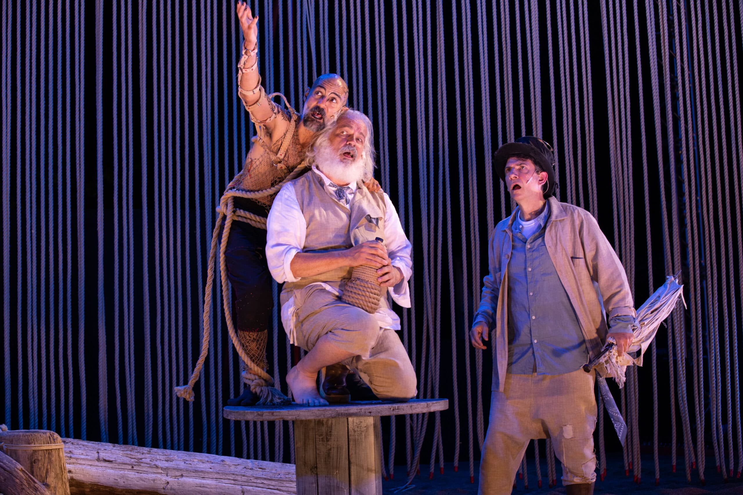 Nael Nacer as Caliban, Fred Sullivan Jr. as Stephano and John Kuntz as Trinculo in "The Tempest." (Courtesy Michael Underhill as Ferdinand, John Douglas Thompson as Prospero and Nora Eschenheimer as Miranda in the Commonwealth Shakespeare Company's production of "The Tempest." (Courtesy Evgenia Eliseeva)
