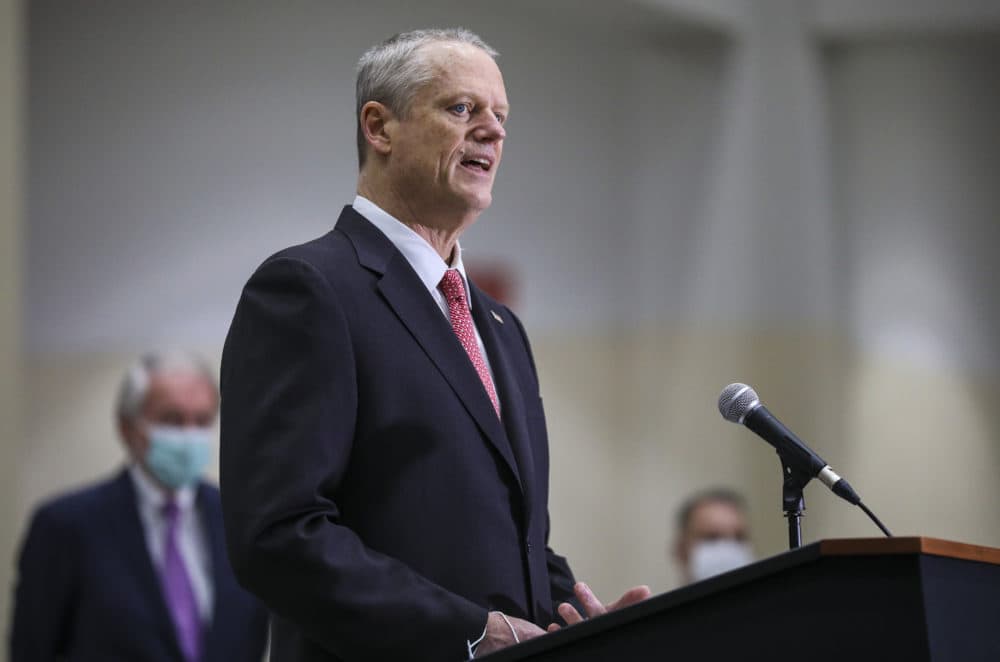 Gov. Charlie Baker speaks to the press at the Hynes Convention Center FEMA Mass Vaccination Site on March 30, 2021 in Boston. (Erin Clark-Pool/Getty Images)