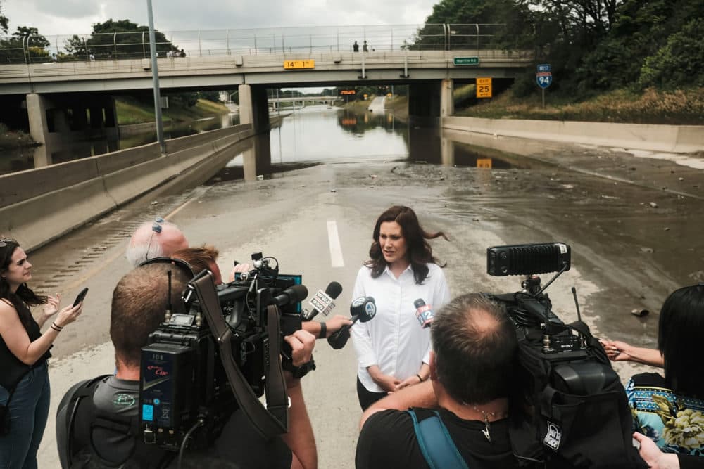 Michigan Gov. Gretchen Whitmer speaks to members of the media during a press conference held on the still inundated I-94 in Detroit on June 28, 2021. After a weekend of heavy storms beginning on Friday night and lasting through the weekend rainwater flooded parts of I-94 in Detroit, Michigan forcing some motorists to abandon their vehicles and seek shelter from the heavy rains. (Matthew Hatcher/SOPA Images/LightRocket via Getty Images)
