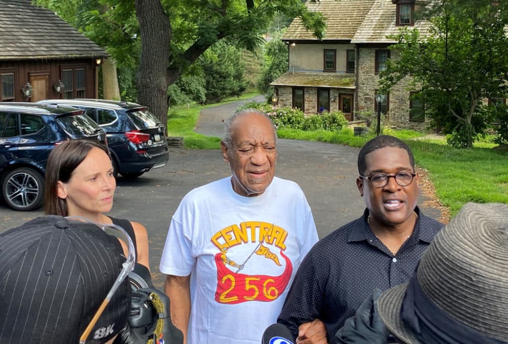 Left to right: Attorney Jennifer Bonjean, Bill Cosby and spokesperson Andrew Wyatt speak outside of Bill Cosby's home on June 30, 2021 in Cheltenham, Pennsylvania. Cosby was released from prison after court overturns his sex assault conviction. (Michael Abbott/Getty Images)