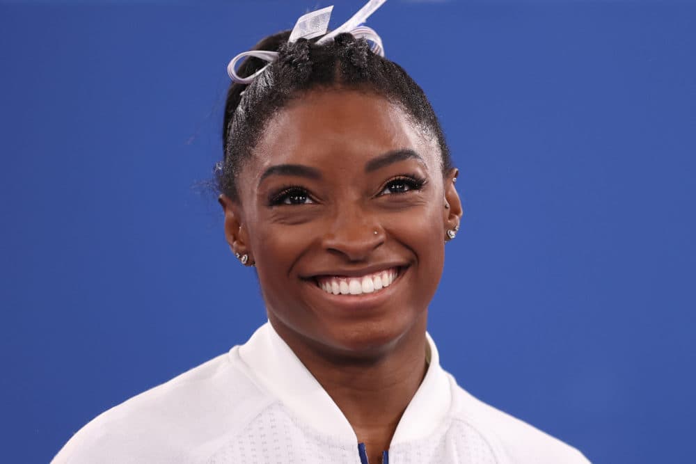 Simone Biles of Team United States smiles during the Women's Team Final on day four of the Tokyo 2020 Olympic Games at Ariake Gymnastics Centre on July 27, 2021 in Tokyo, Japan. (Laurence Griffiths/Getty Images)