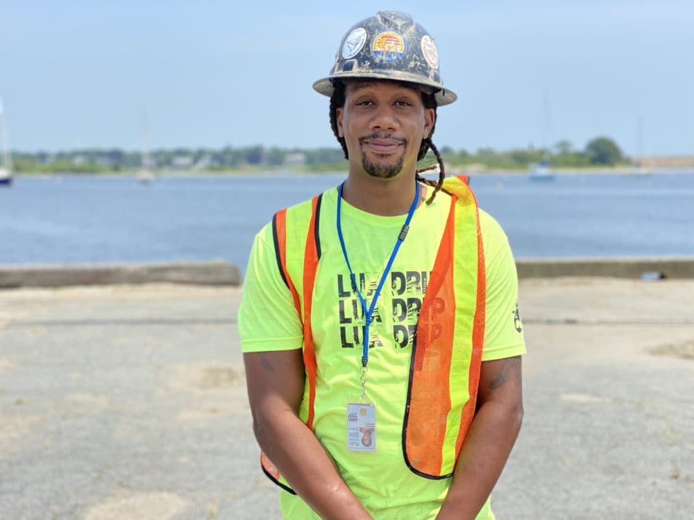 Joshua Grigsby is a pile driver with Local 56 in Boston, in New Bedford on July 16, 2021. Miriam Wasser, WBUR