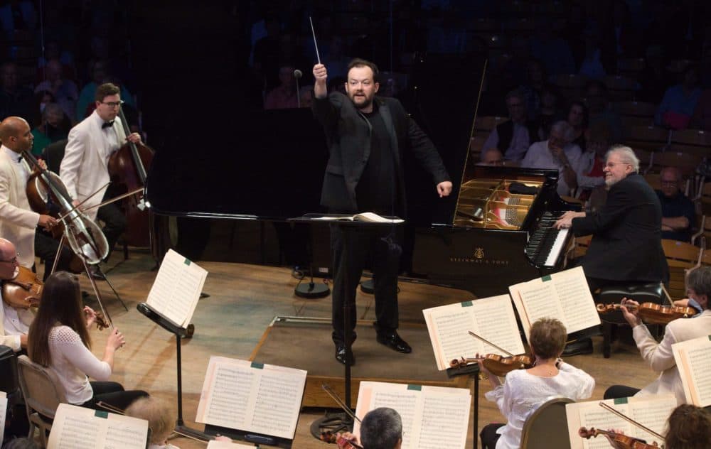 Andris Nelsons, Emanuel Ax and the Boston Symphony Orchestra at Saturday night's all-Beethoven concert. (Courtesy Hilary Scott)