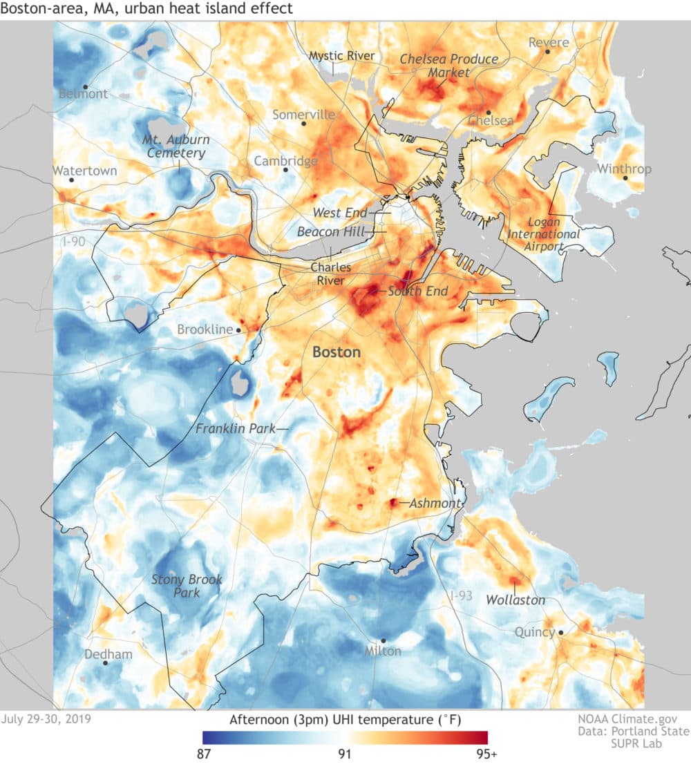 Boston-area urban heat island effect. Map courtesy of NOAA Climate.gov, with data from Portland State SUPR Lab