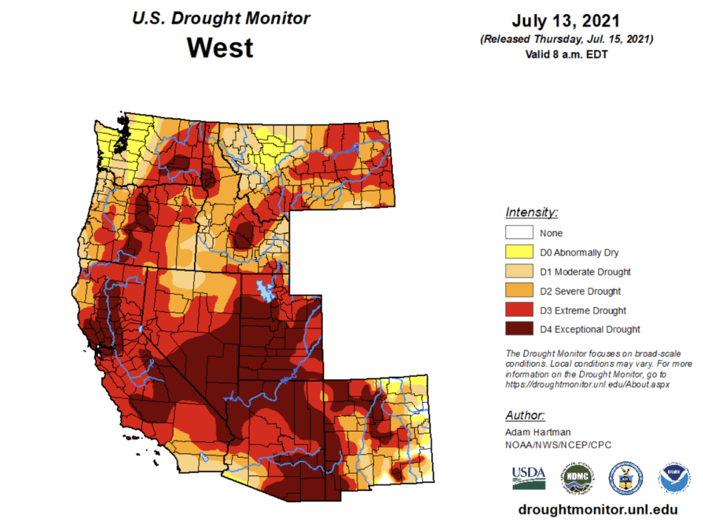 Much of the western United States is under some sort of drought condition as of mid-July. (Courtesy NOAA)