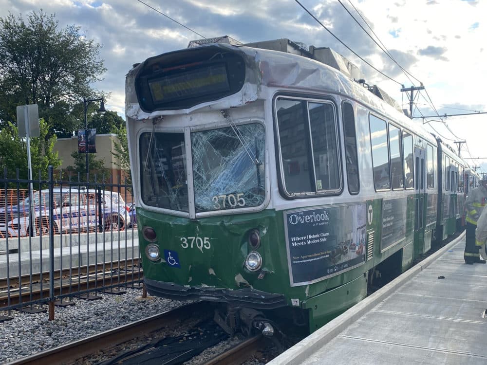 An MBTA Green Line car collided with another trolley on Commonwealth Avenue. (Courtesy Boston Fire Department)