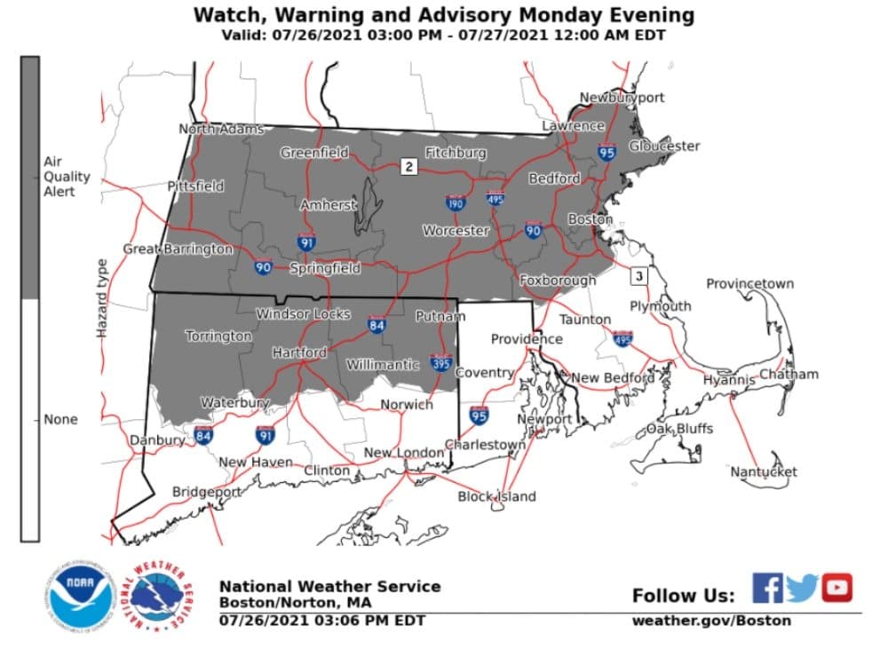 Air quality alerts in New England for Monday and Tuesday. (Courtesy NWS)