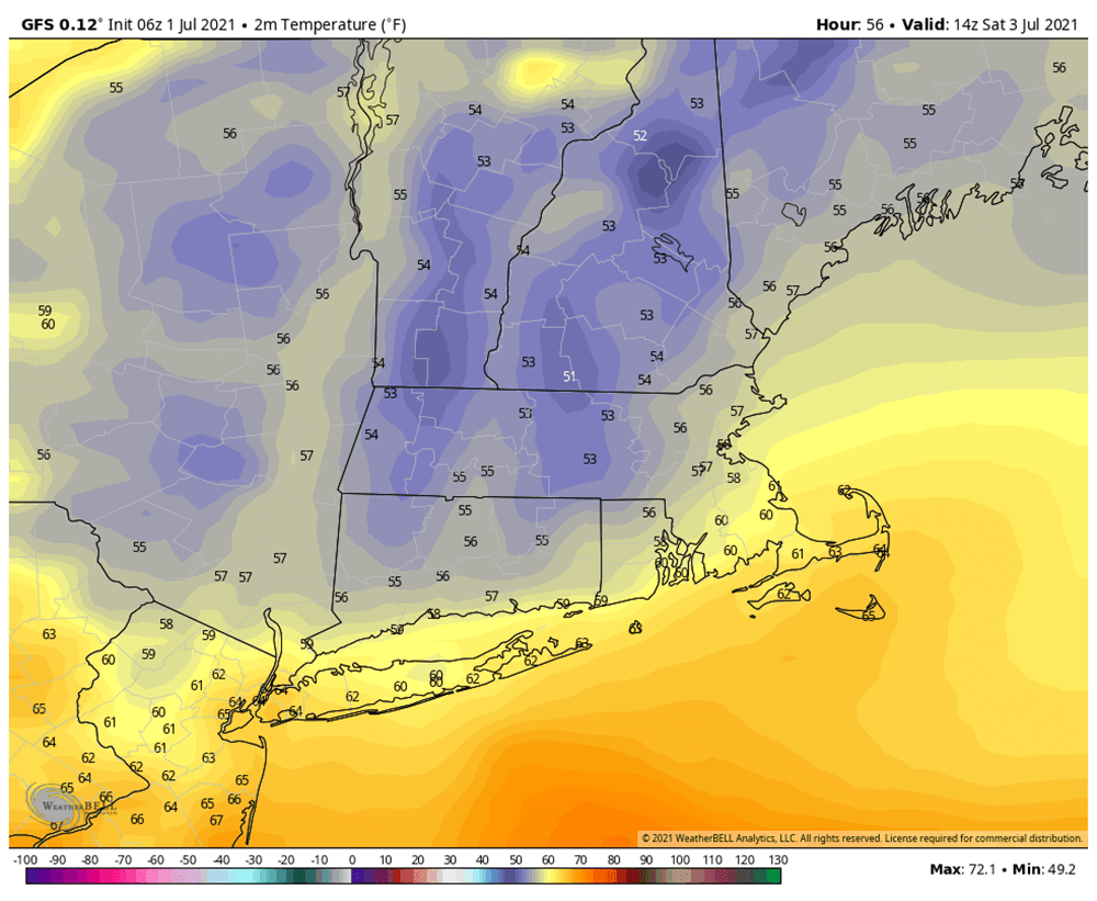 Models are forecasting several hours of temperature in the 50s for Saturday. It will be a near record cool day for early July. (Courtesy WeatherBELL)