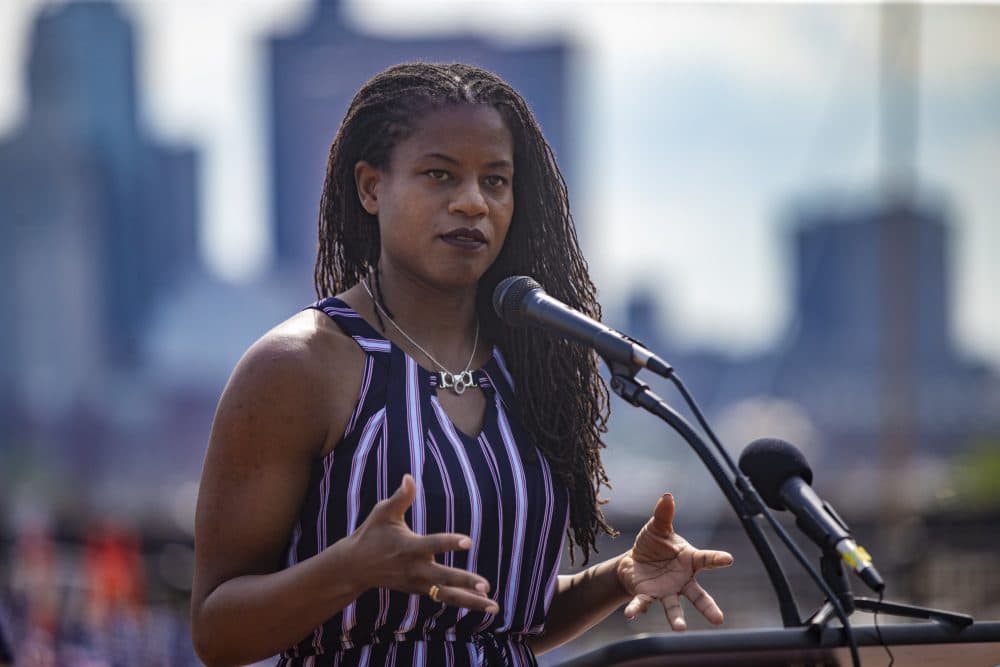 Then a Boston city councillor, state Sen. Lydia Edwards speaks at Piers Park in East Boston. (Jesse Costa/WBUR)