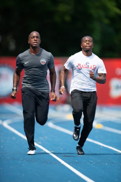 David Brown, left, with guide Moray Steward during training Thursday, June 17, 2021 at the U.S. Paralympic Team Trials for Track and Field in Minneapolis. (Mark Reis)