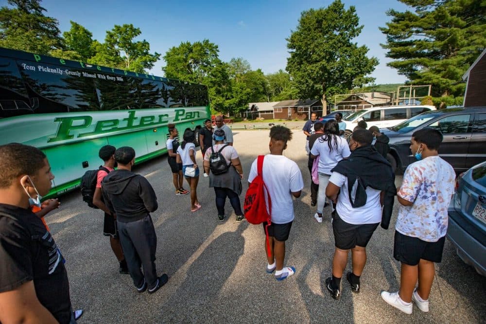 Campers from Springfield arrive at Camp Atwateer in North Brookfield. (Jesse Costa/WBUR)