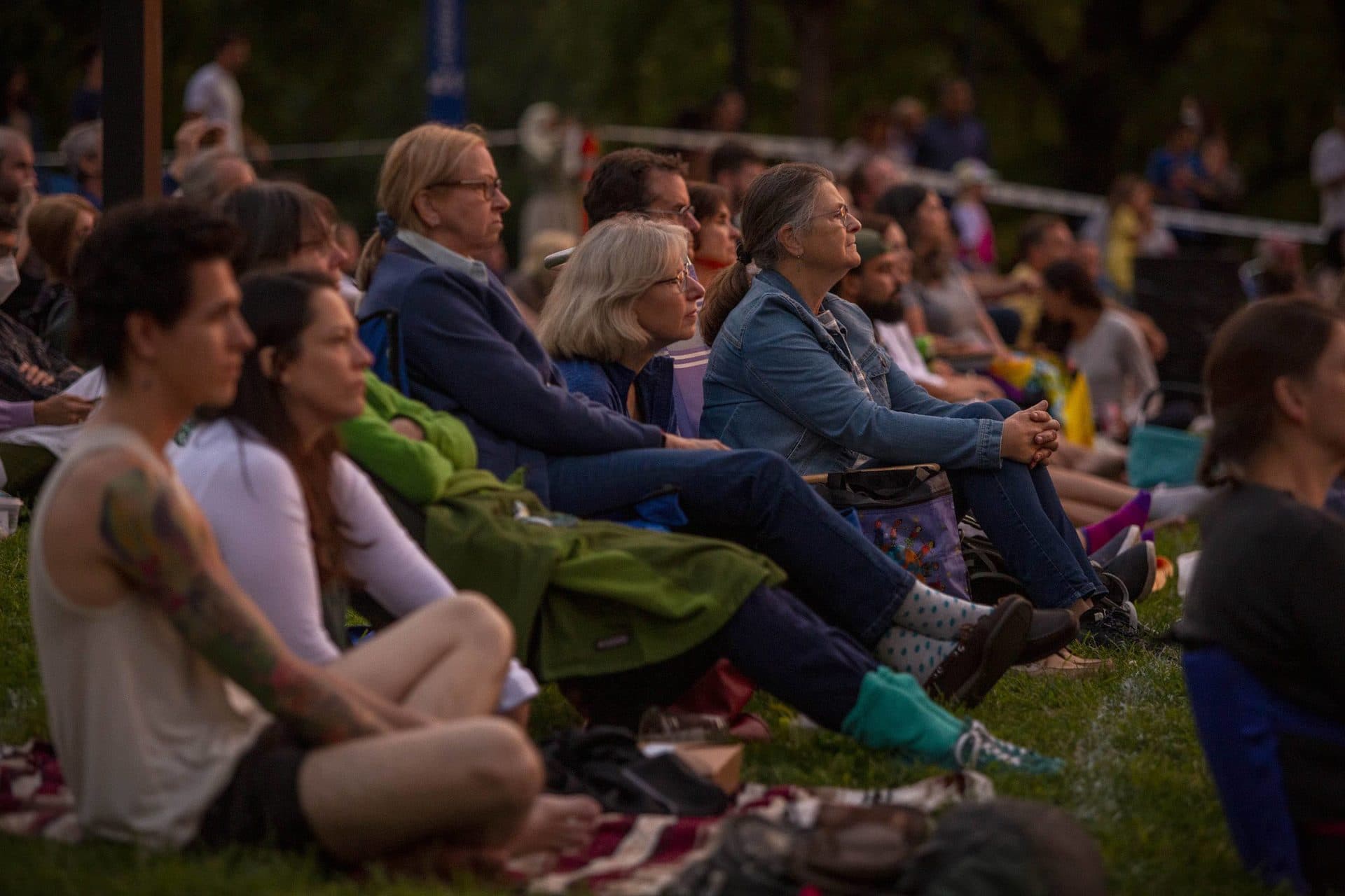As darkness falls, the audience watches &quot;The Tempest&quot; on Boston Common. (Robin Lubbock/WBUR)