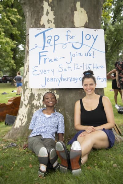 Jenny Herzog (right) with Tap for Joy attendee Reis Jackiewicz (left). (Courtesy Carlos Arzaga)