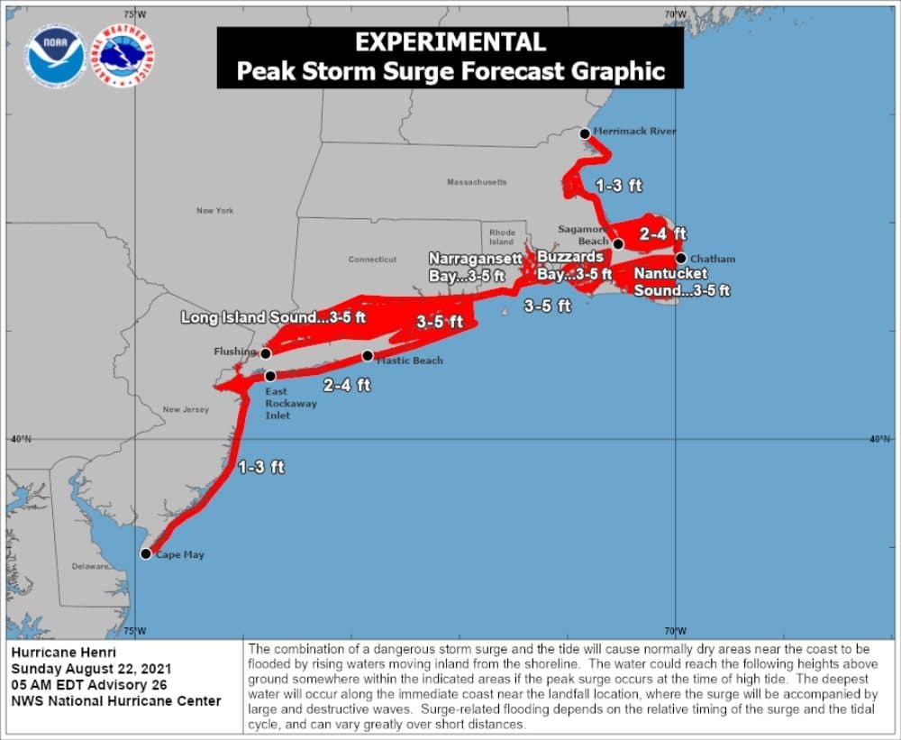 A storm surge up to 5 feet is likely as Henri makes landfall Sunday morning. (Courtesy NOAA)